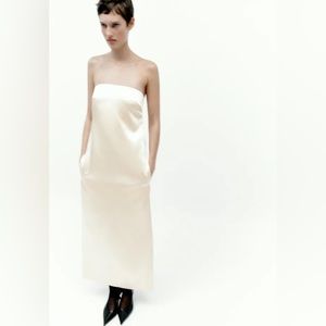 🤍 ZARA Vanilla Strapless Satin Effect MIDI Maxi Dress sz Large